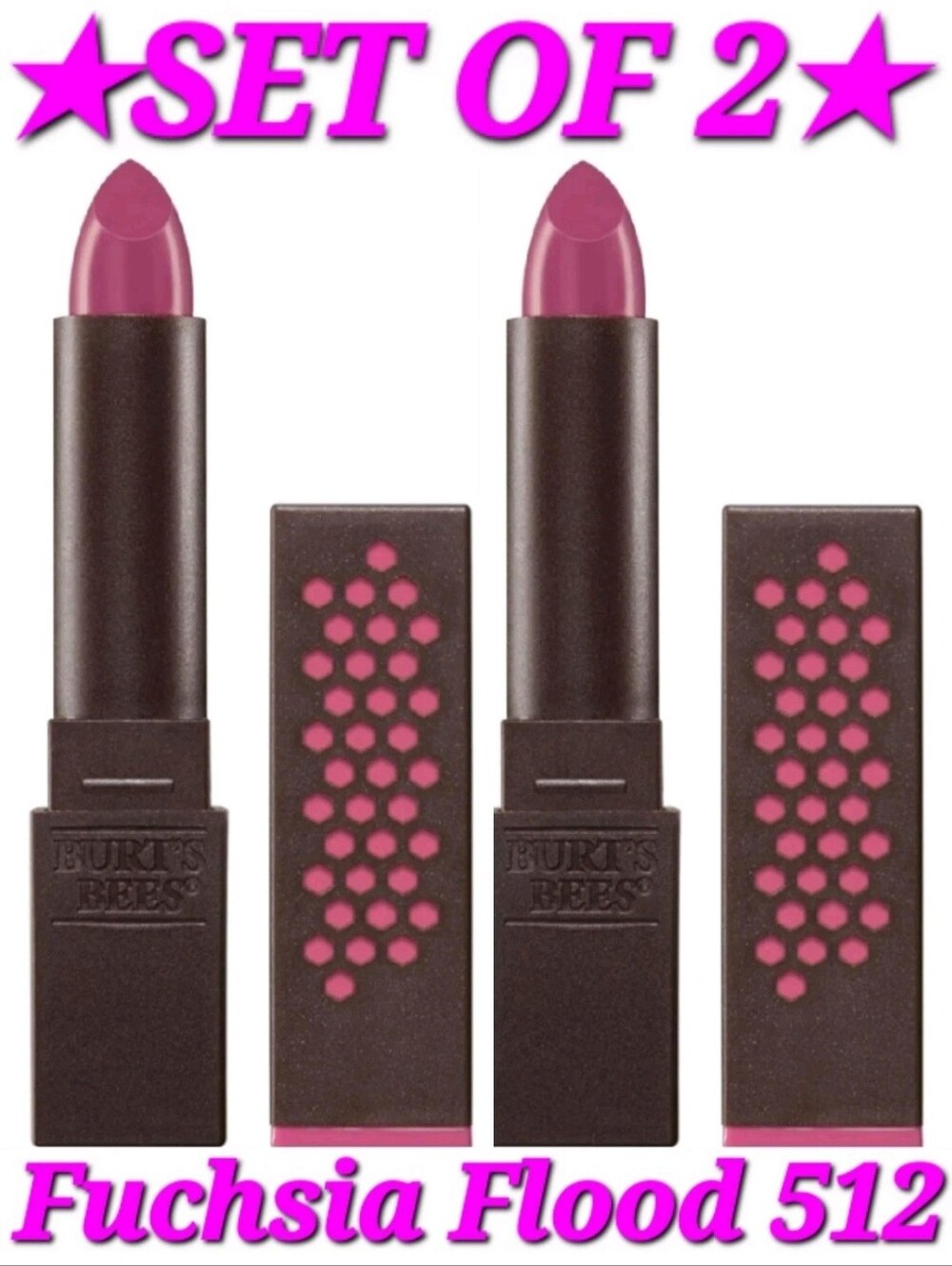 ☆NEW☆SET OF 2☆Burt's Bees 100% Natural Satin Lipstick 512 FUCHSIA FLOOD, 2 Tubes